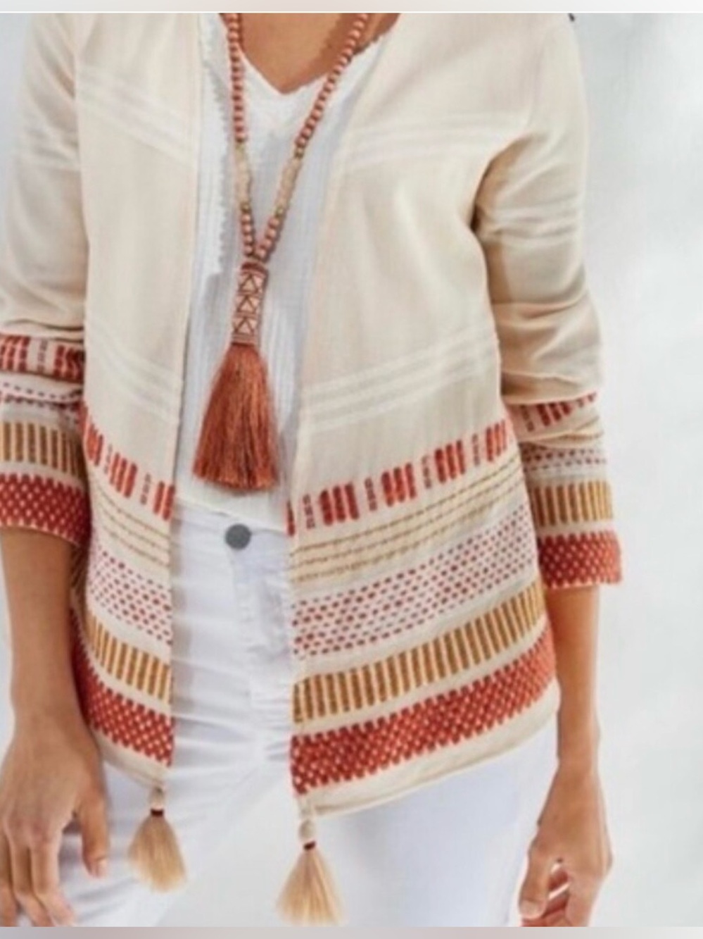 Soft Surroundings Cream Textured Stripe Open Front Cardigan Boho Size L